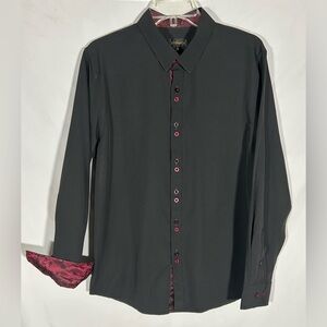 DIBANGU SOLID BLACK CONTRASTING TRIM FLIP CUFF DOUBLE B/U DRESS SHIRT MENS MED